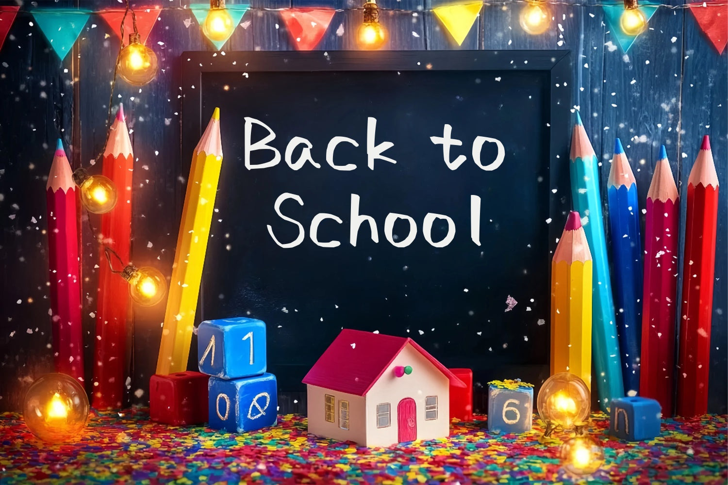 Back To School Backdrop Confetti Crayons Lights Backdrop BRP57-16
