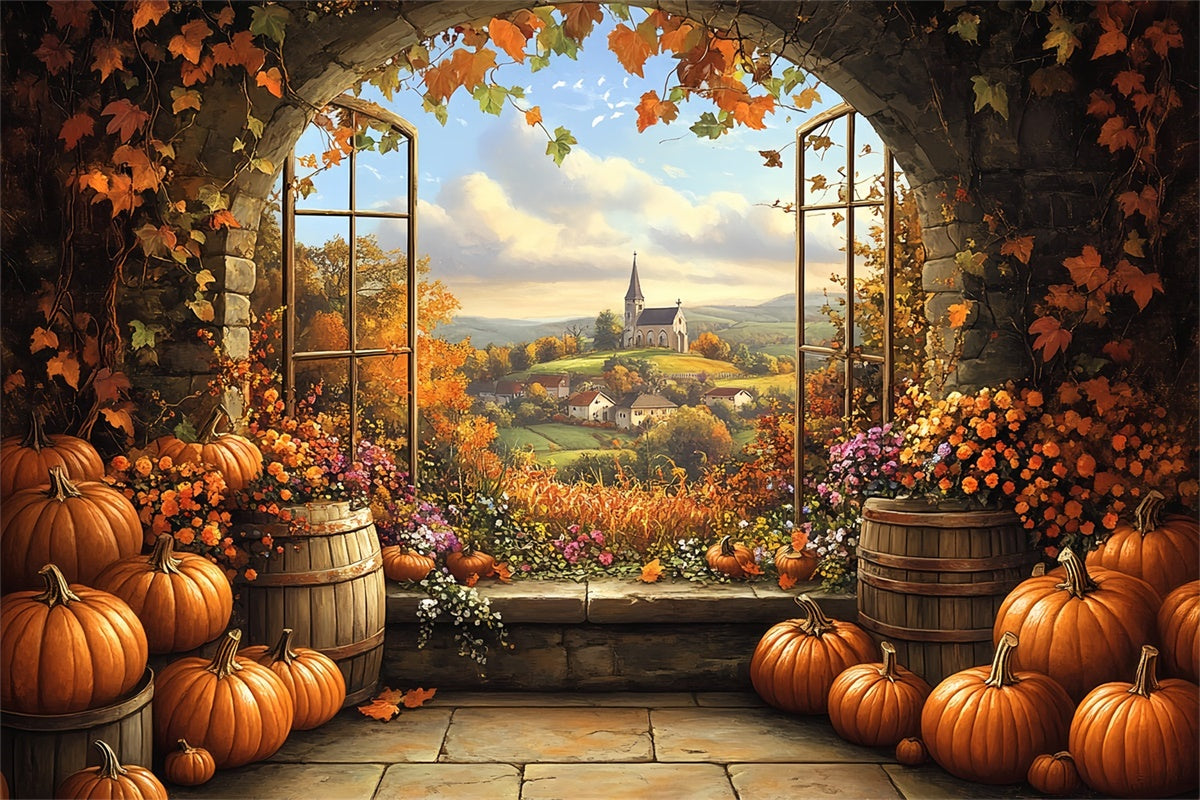 Fall Backdrops Pumpkin Barrel Village View Backdrop BRP57-175