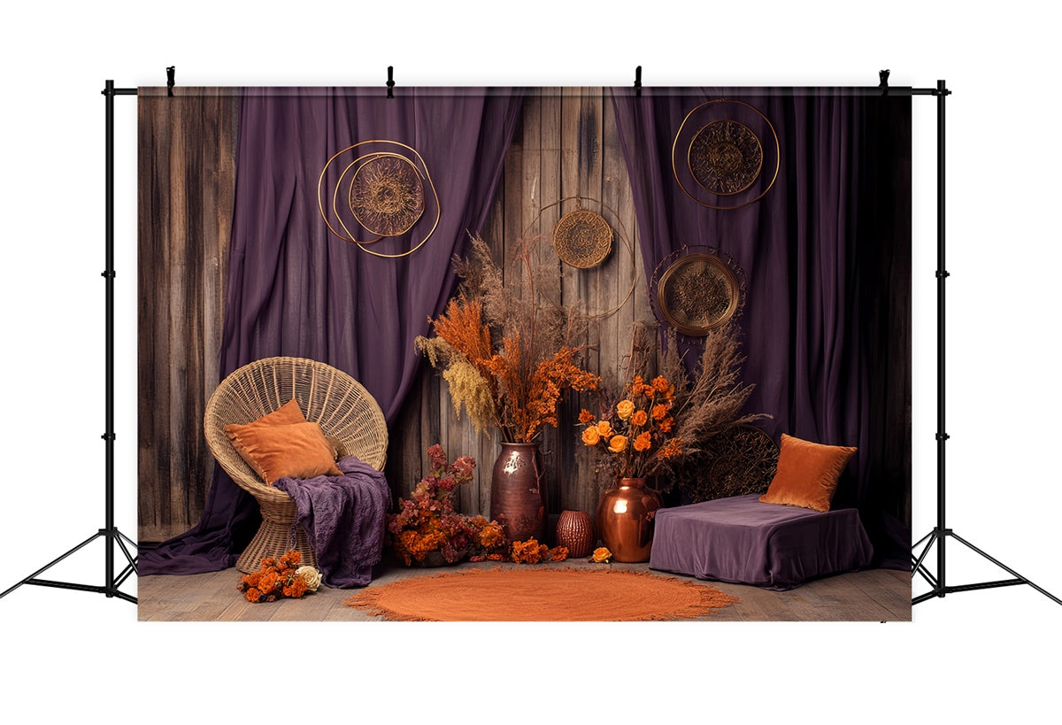 Fall Backdrop Dried Floral Purple Curtain Backdrop BRP57-187