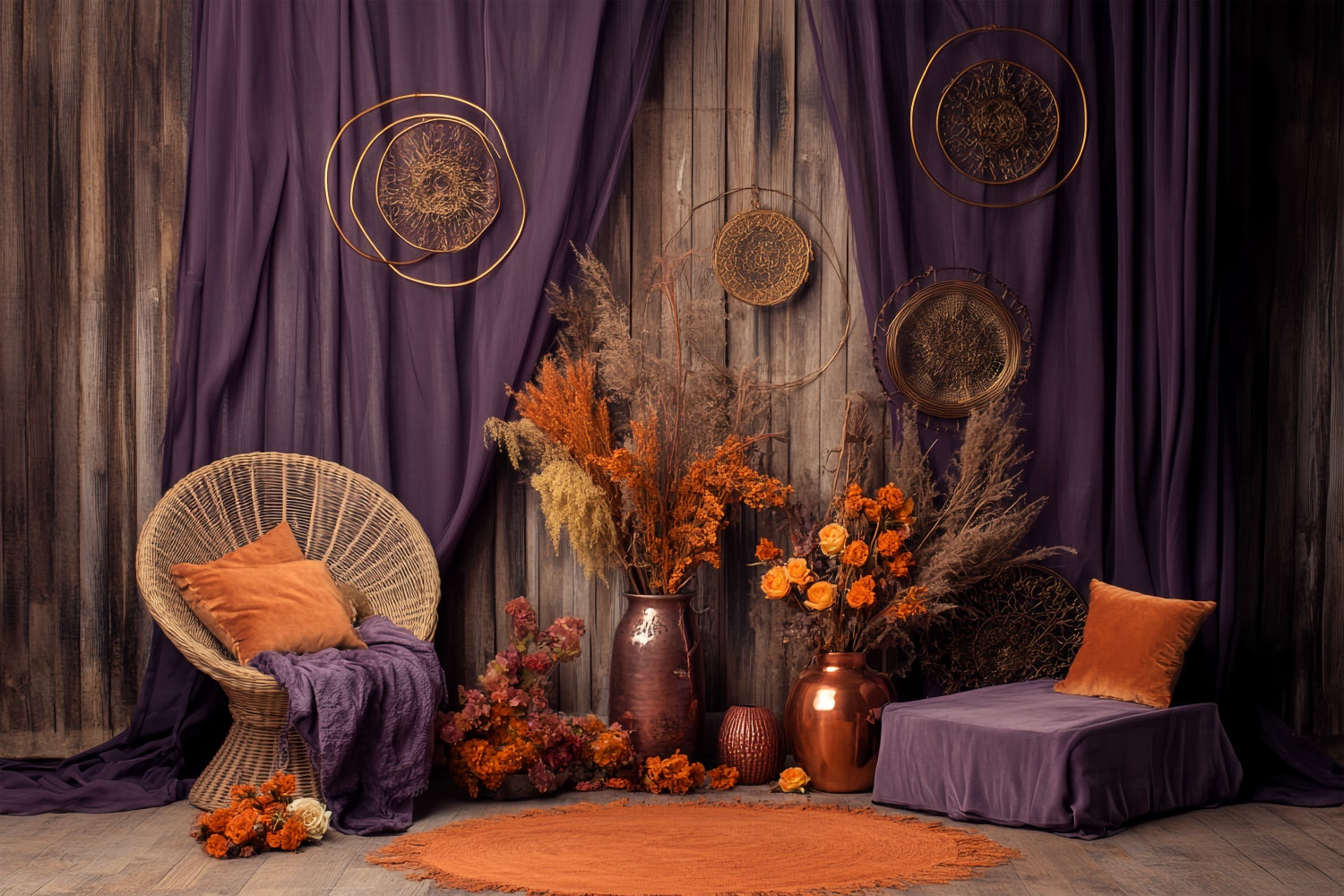 Fall Backdrop Dried Floral Purple Curtain Backdrop BRP57-187