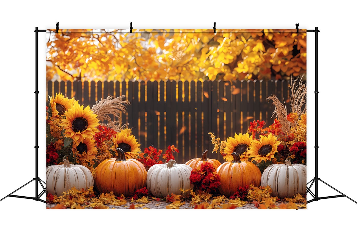 Fall Thanksgiving Backdrop Sunflower Fence Pumpkin Backdrop BRP57-327