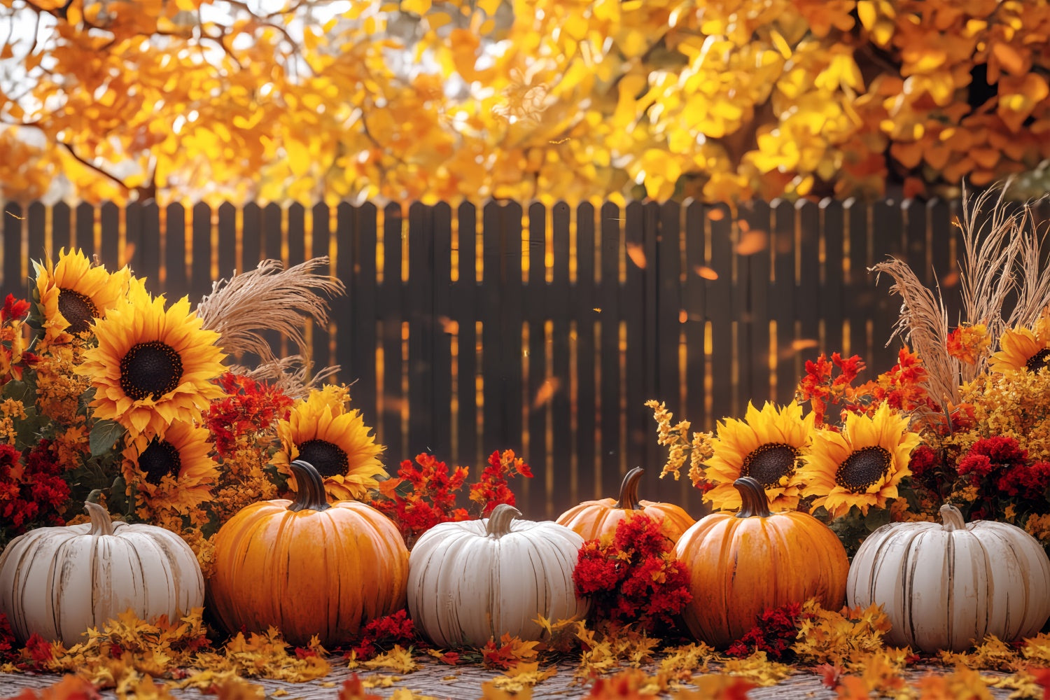 Fall Thanksgiving Backdrop Sunflower Fence Pumpkin Backdrop BRP57-327
