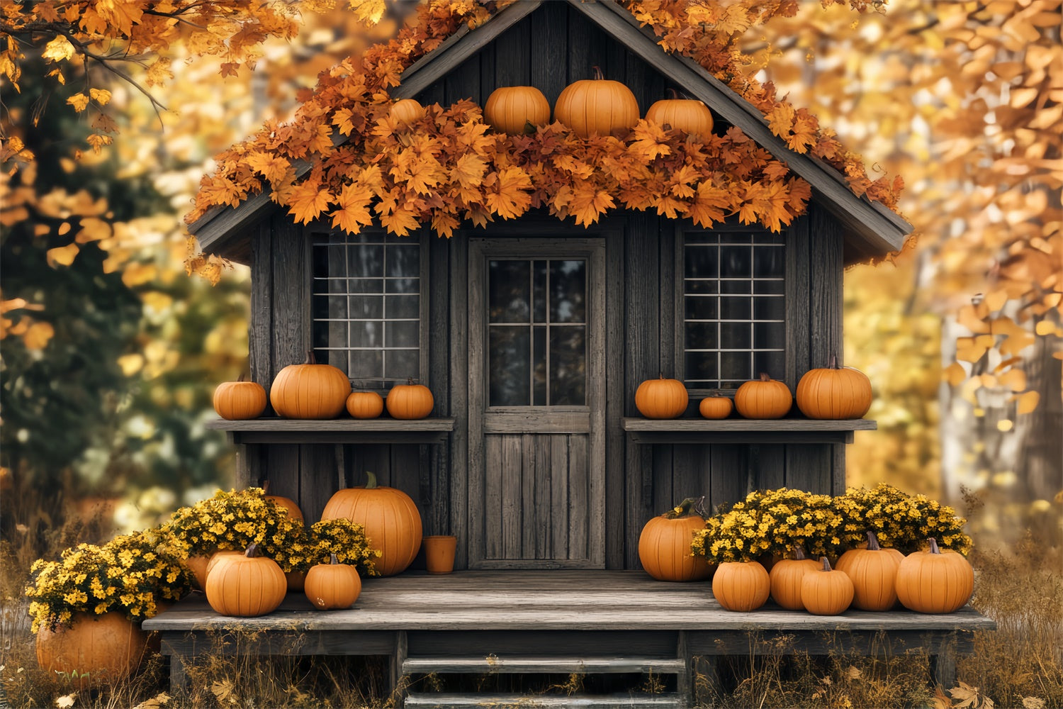 Photography Thanksgiving Backdrop Pumpkin Porch Cabin Backdrop BRP57-330