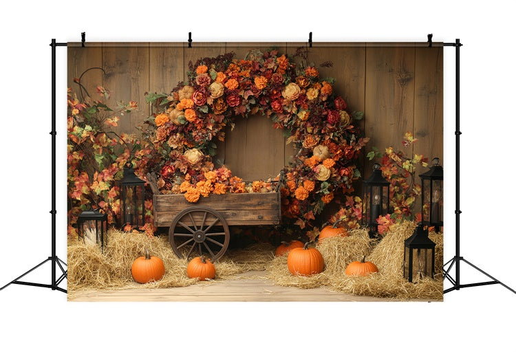 Thanksgiving Photo Backdrop Pumpkin Hay Wreath Backdrop BRP57-342