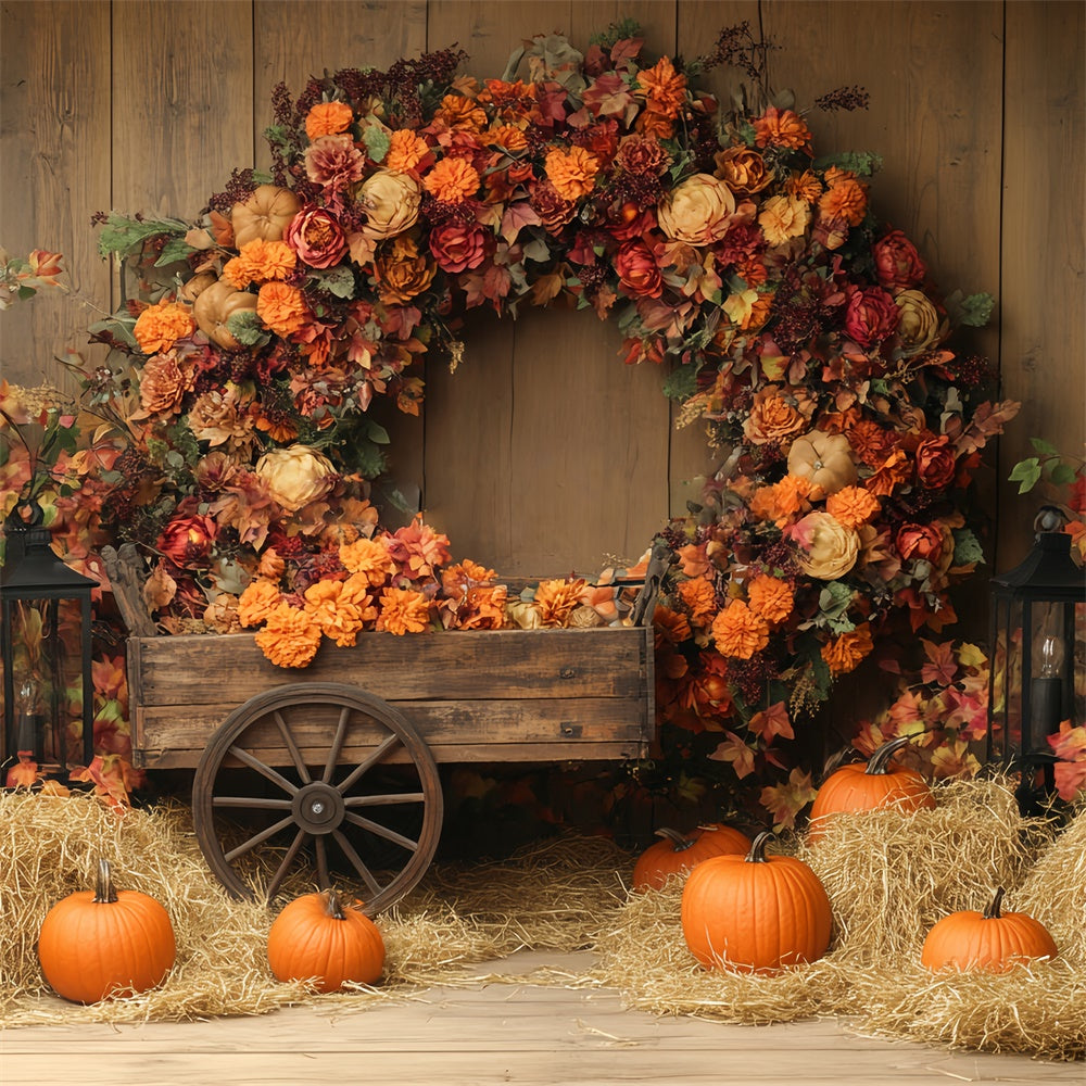 Thanksgiving Photo Backdrop Pumpkin Hay Wreath Backdrop BRP57-342