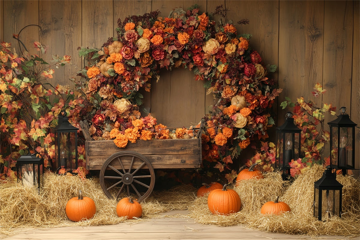 Thanksgiving Photo Backdrop Pumpkin Hay Wreath Backdrop BRP57-342