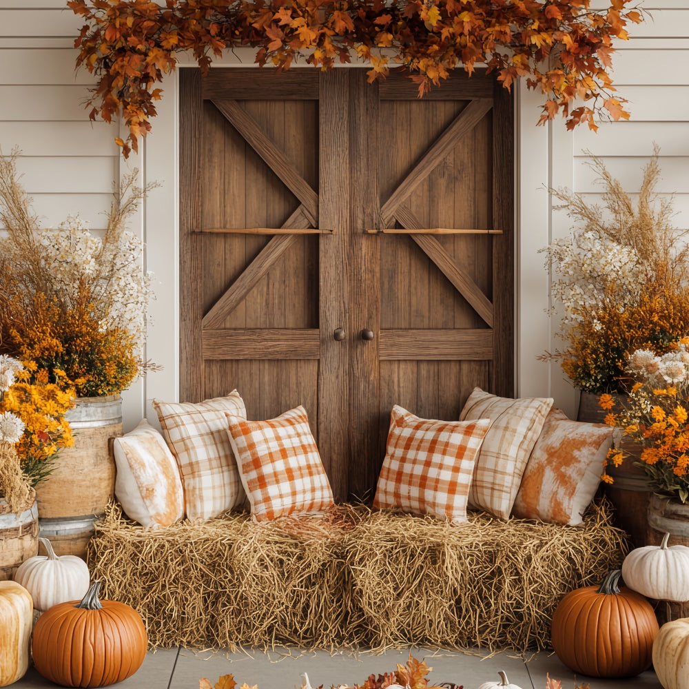 Thanksgiving Day Backdrop Cozy Porch Plaid Pillow Backdrop BRP57-346