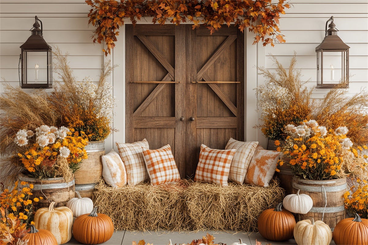 Thanksgiving Day Backdrop Cozy Porch Plaid Pillow Backdrop BRP57-346