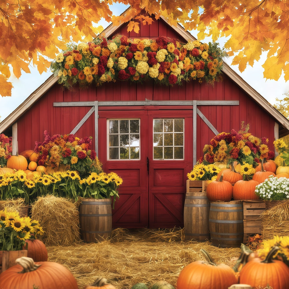 Backdrop For Thanksgiving Floral Harvest Red Barn Backdrop BRP57-349