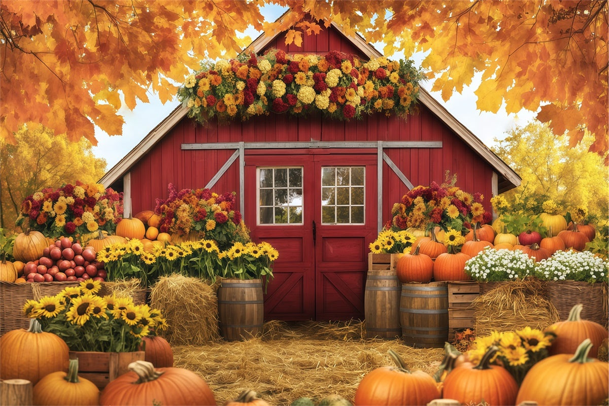 Backdrop For Thanksgiving Floral Harvest Red Barn Backdrop BRP57-349