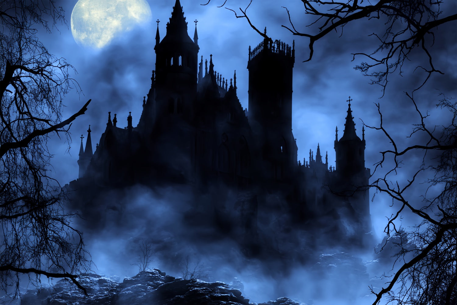 Scary Halloween Backdrops Misty Midnight Castle Backdrop BRP57-61
