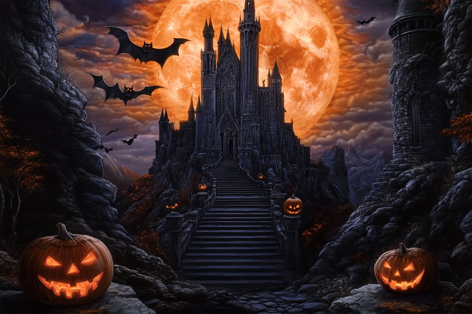 Halloween Moon Backdrop Blood Moon Bat Castle Backdrop BRP57-62
