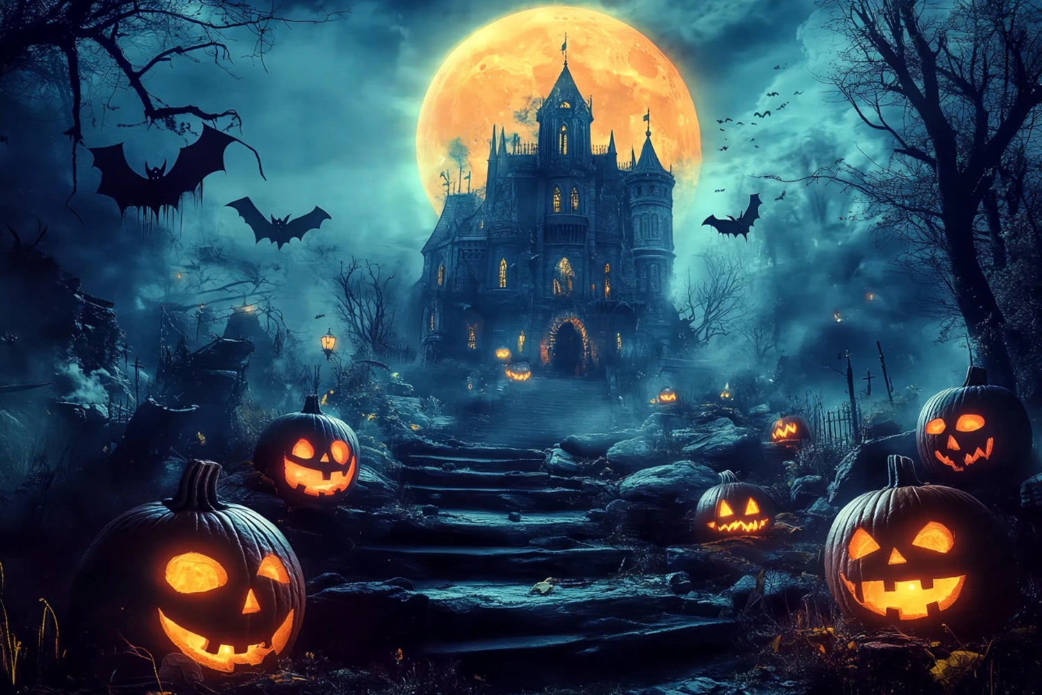 Halloween Moon Backdrop Haunted Hill Castle Path Backdrop BRP57-63