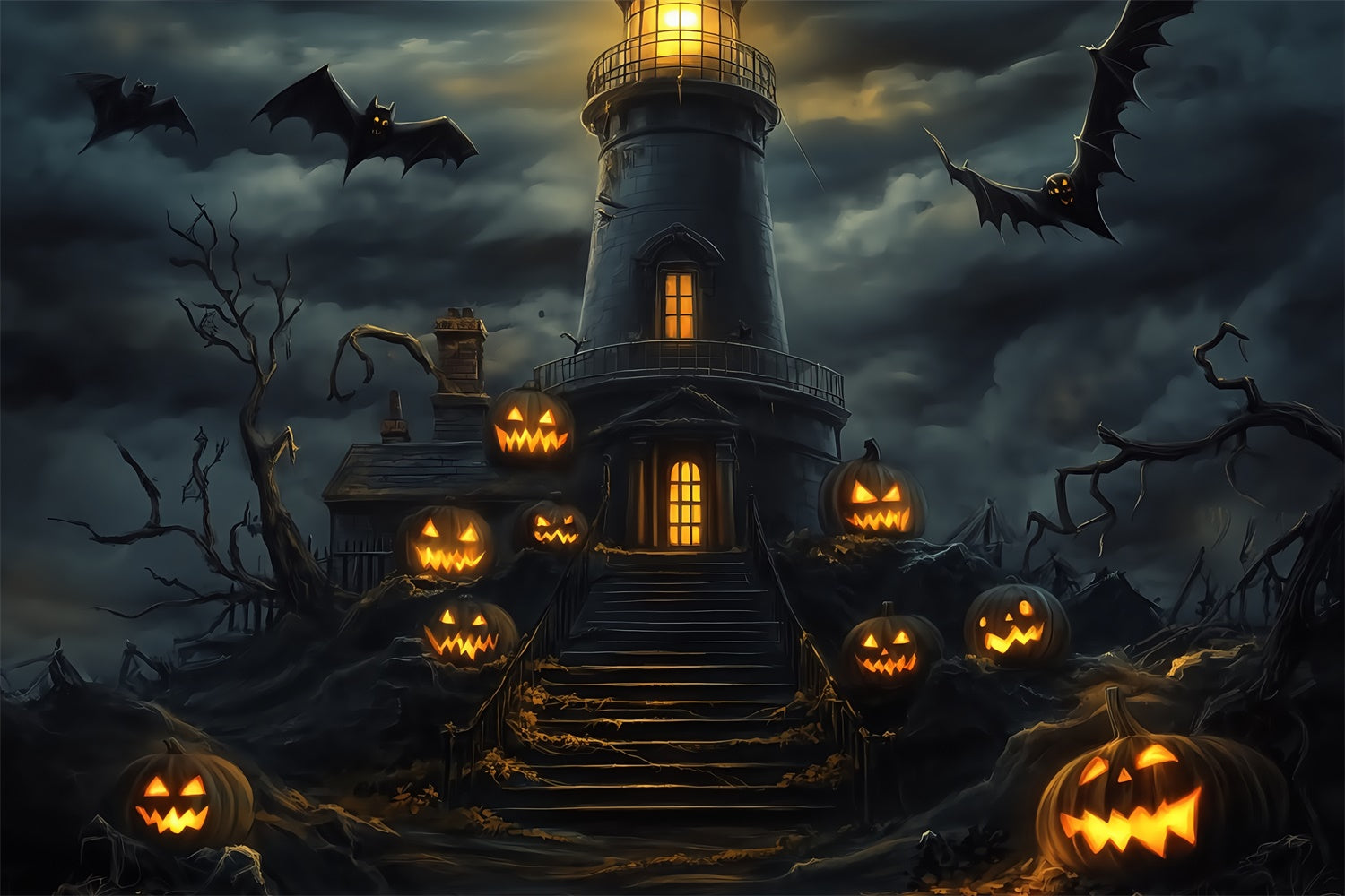 Halloween Photo Booth Backdrop Spooky Lantern Steps Backdrop BRP57-64