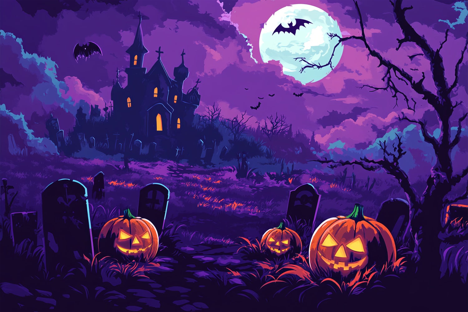 Scary Halloween Backdrop Moonlit Pumpkin Glow Backdrop BRP57-96
