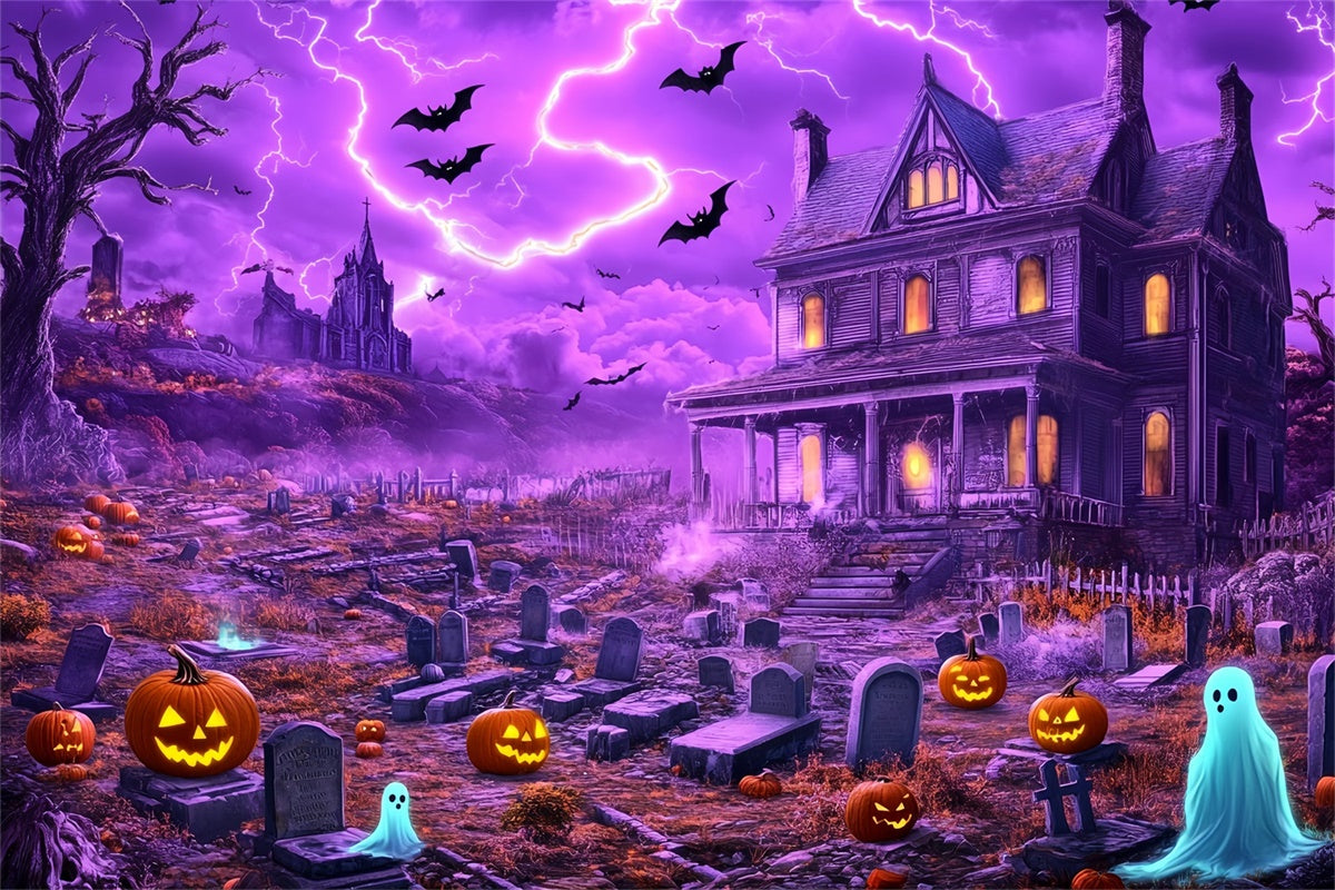 Halloween Graveyard Backdrop Lightning Haunted House Backdrop BRP57-97