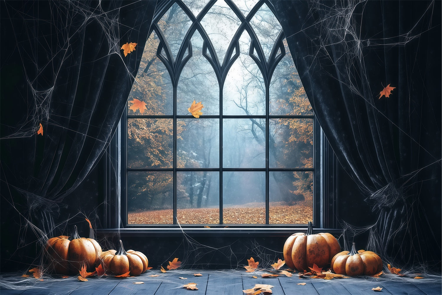 Halloween Backdrop Cobweb Curtains Gothic Window Backdrop BRP57-98