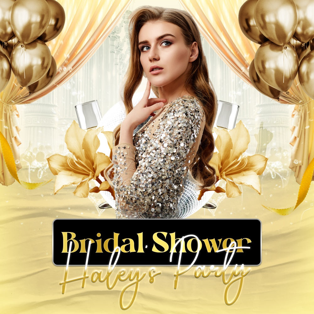 Bridal Shower Backdrop Balloon Glitzy Gold Personalized Backdrop BRP6-121