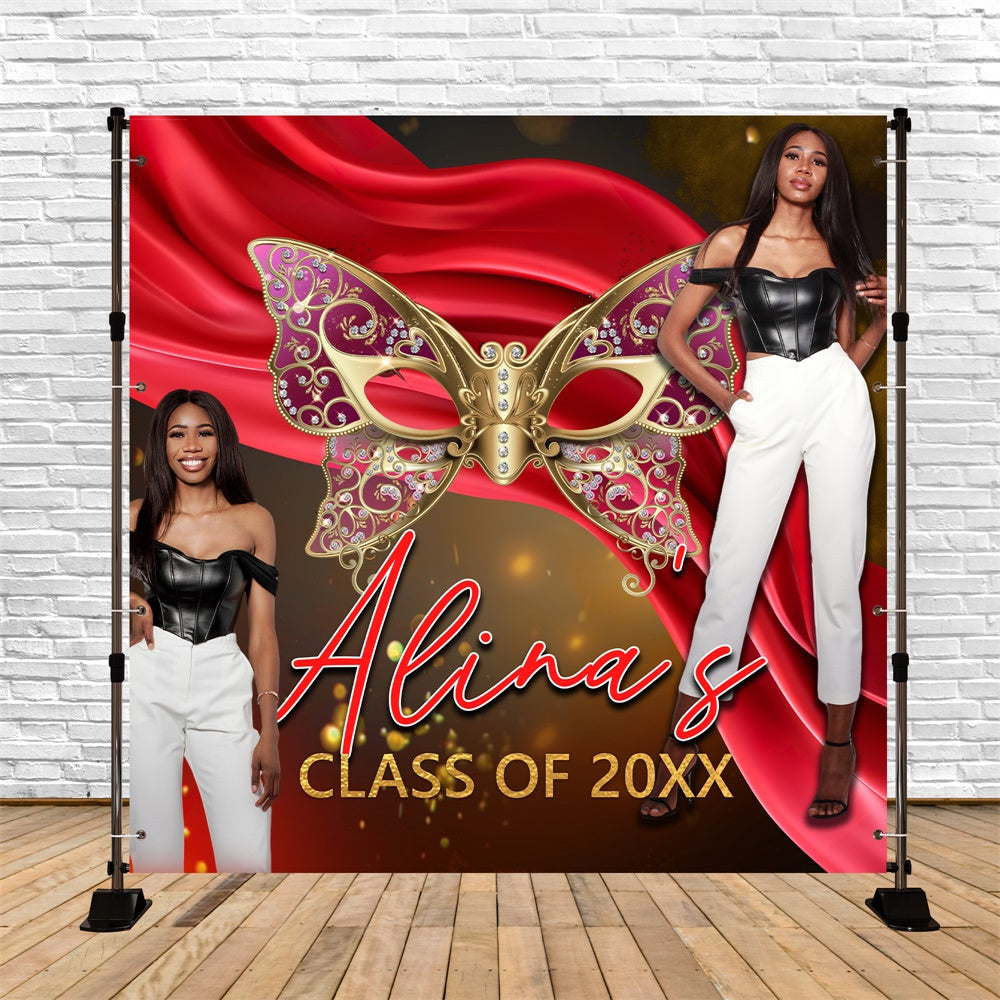 Personalized Graduation Backdrop Red Velvet Mask Party Graduation Backdrop BRP6-182