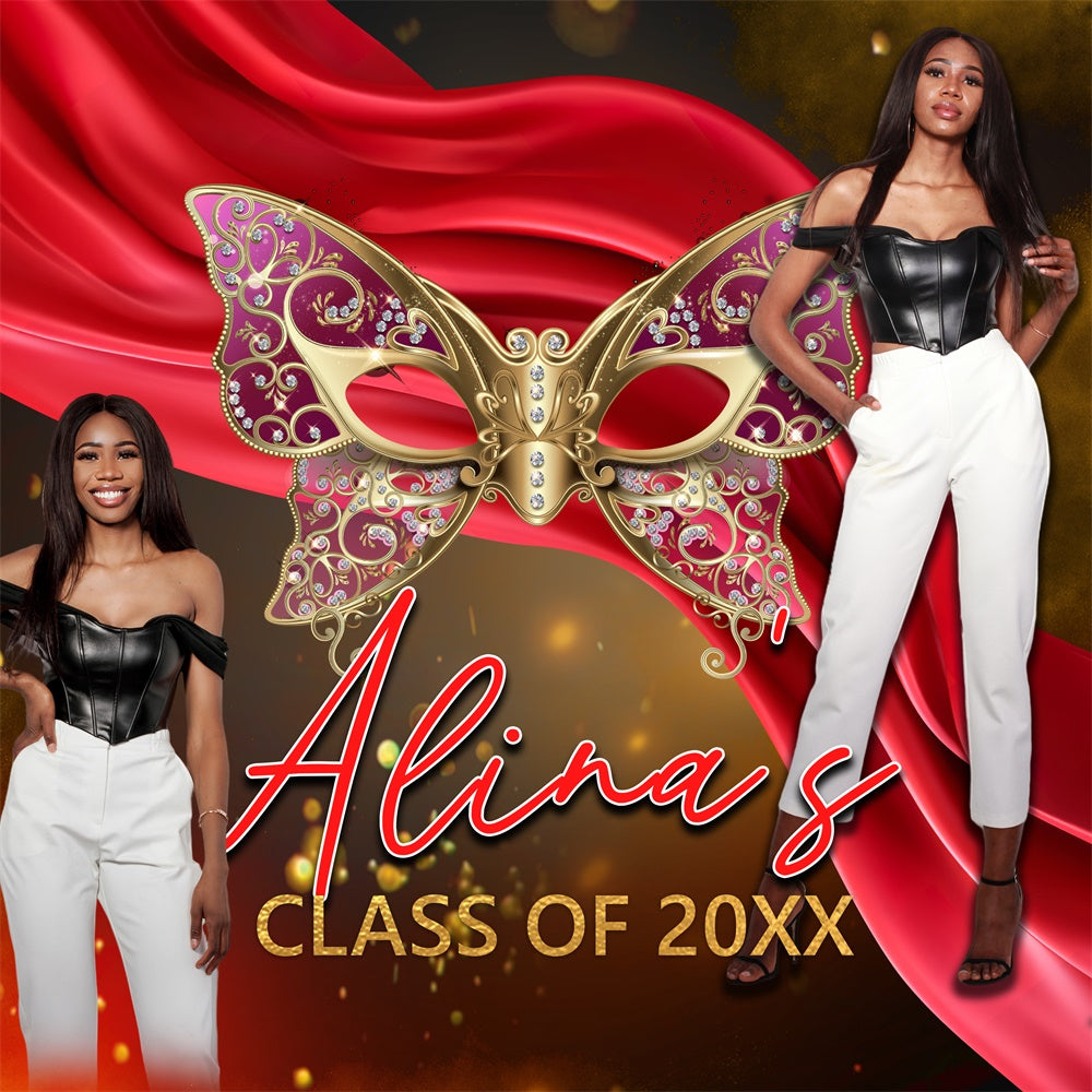 Personalized Graduation Backdrop Red Velvet Mask Party Graduation Backdrop BRP6-182
