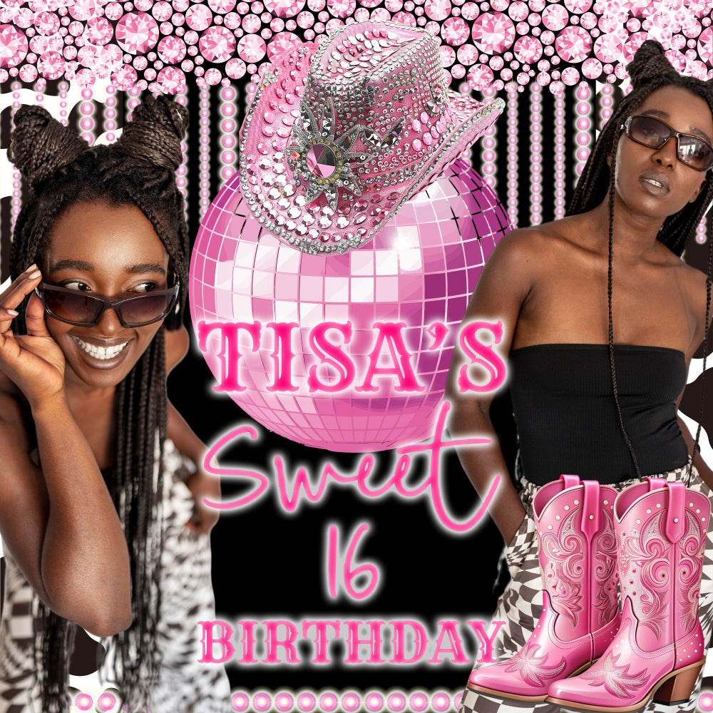 Custom Birthday Backdrops Disco Cowgirl Sweet 16 Backdrop BRP6-75