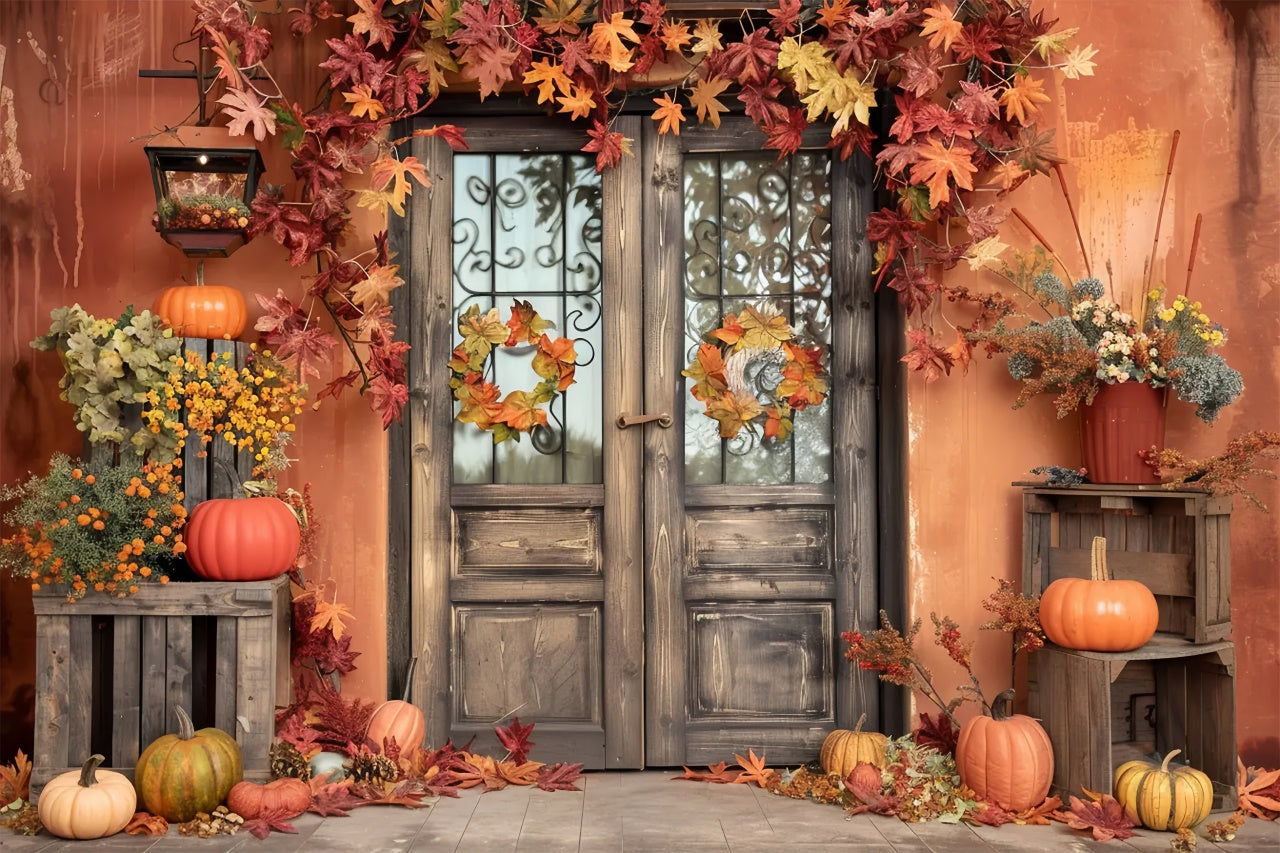 Fall Back Backdrops Fall Orange Wall with Leaves Pumpkin Backdrop BRP7-157