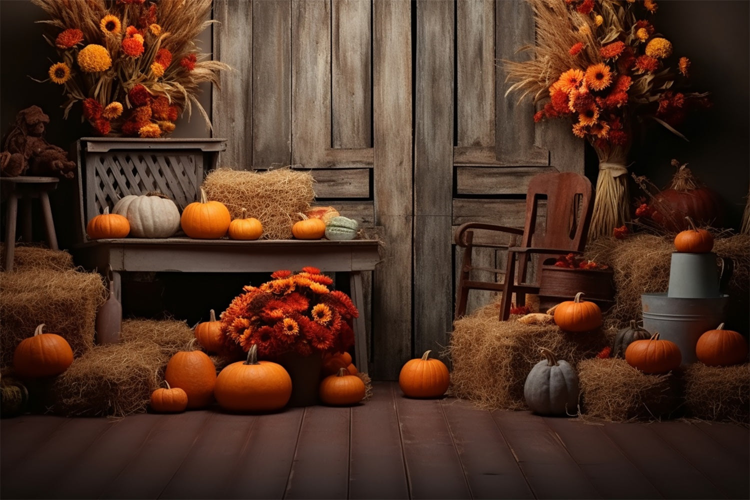 Fall Backdrop Fall Pumpkin Barn with Wood Door Backdrop BRP7-78