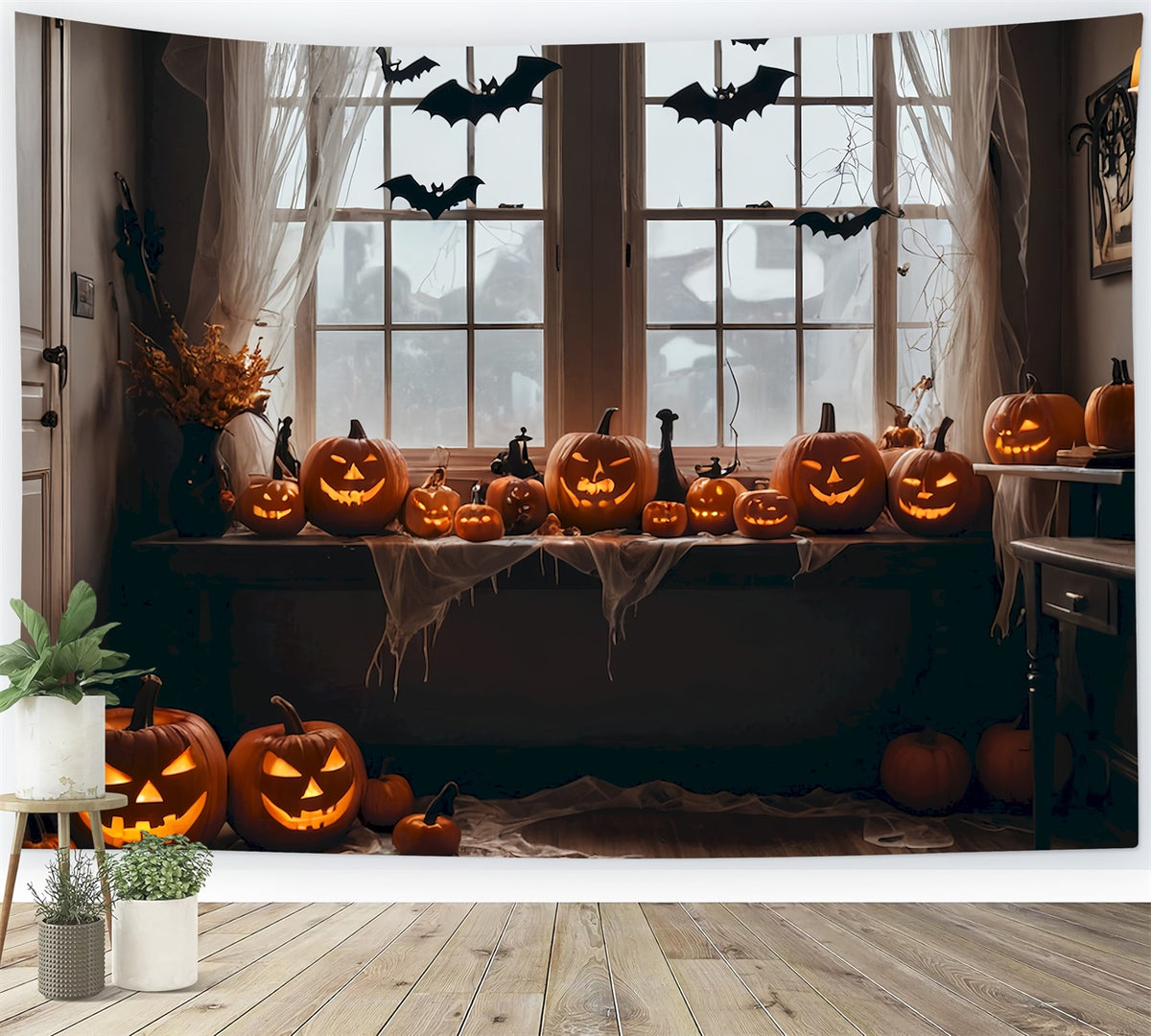 Bat Backdrop Bats and Pumpkins Halloween Window Scene Backdrop BRP8-345