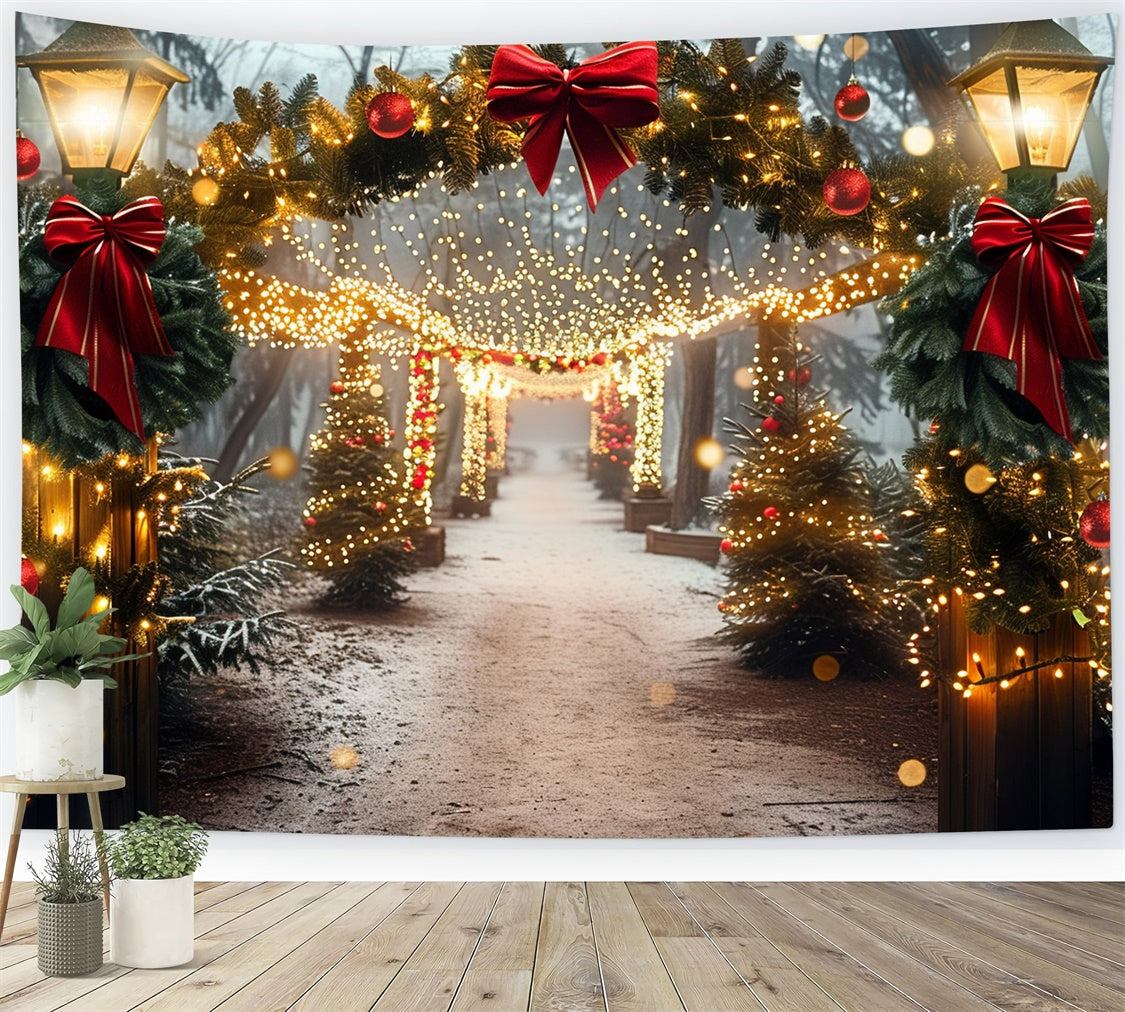 Red Bow Wreath Glowing Christmas Walkway Backdrop BRP9-105