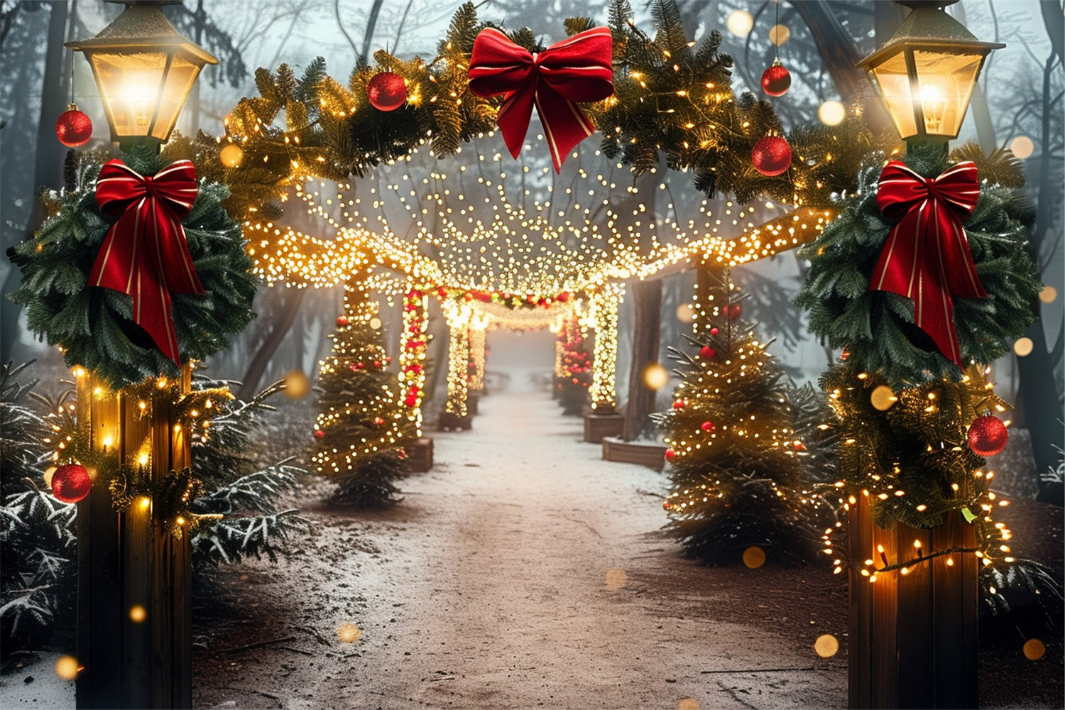 Bow Backdrop Computer Red Red Bow Wreath Glowing Christmas Walkway Backdrop BRP9-105