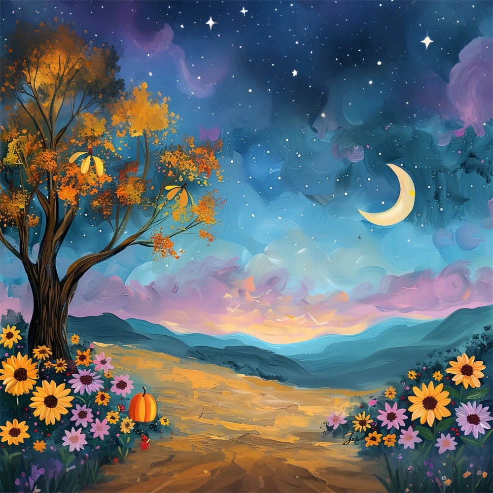 Autumn Tree Moonlit Sky Flowers Backdrop BRP9-132
