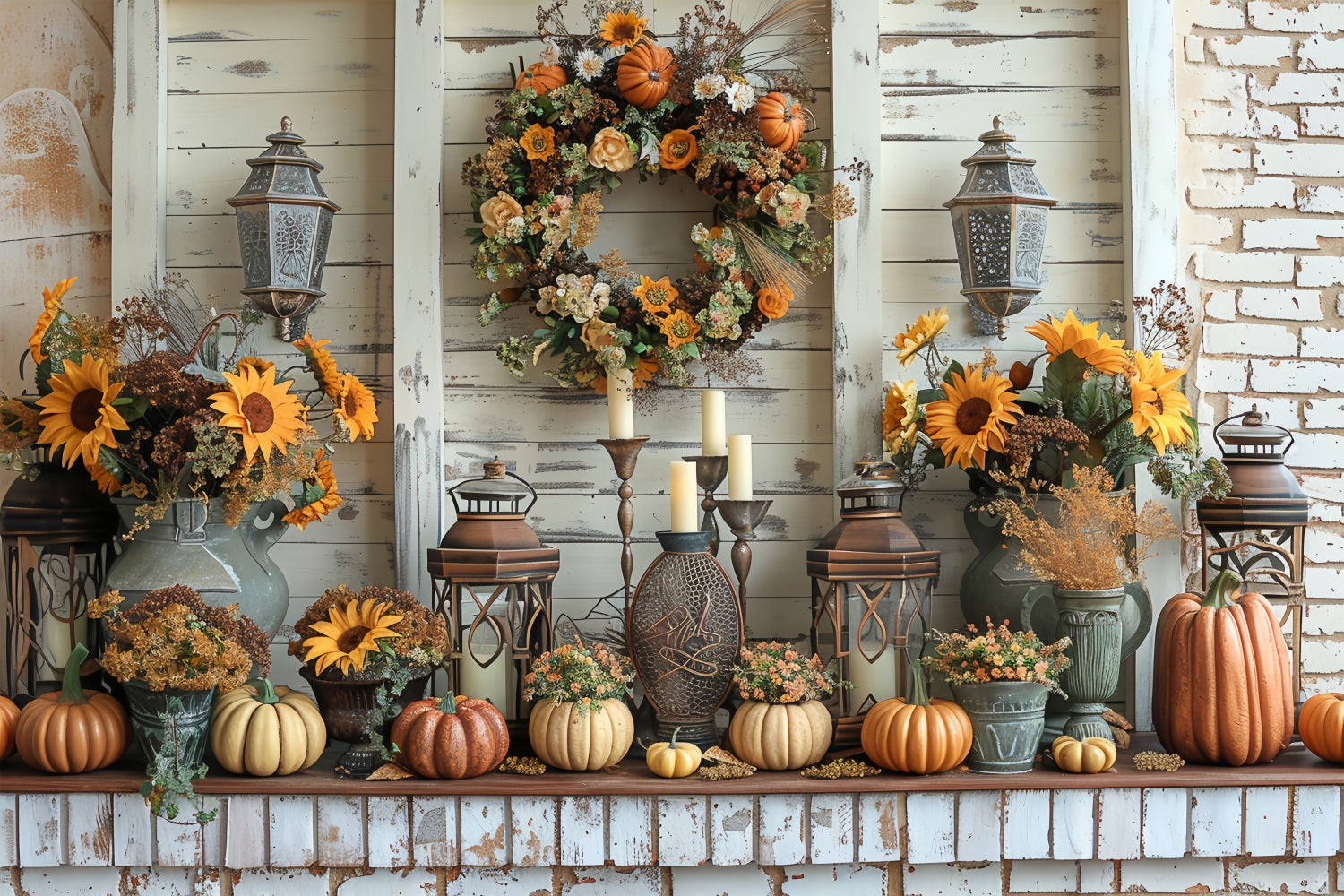Rustic Fall Backdrop Fall Harvest Pumpkin Wreath Sunflowers Backdrop BRP9-158
