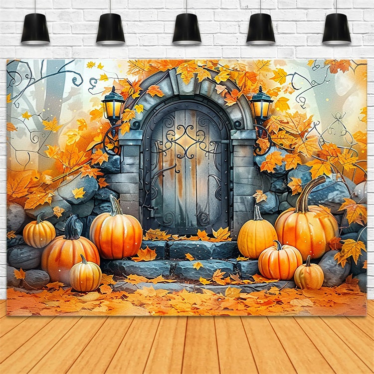 Charming Stone Door Pumpkins Fall Leaves Backdrop BRP9-175