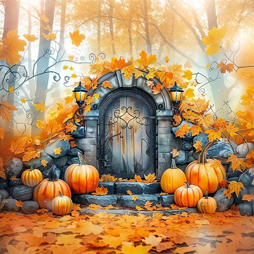 Charming Stone Door Pumpkins Fall Leaves Backdrop BRP9-175