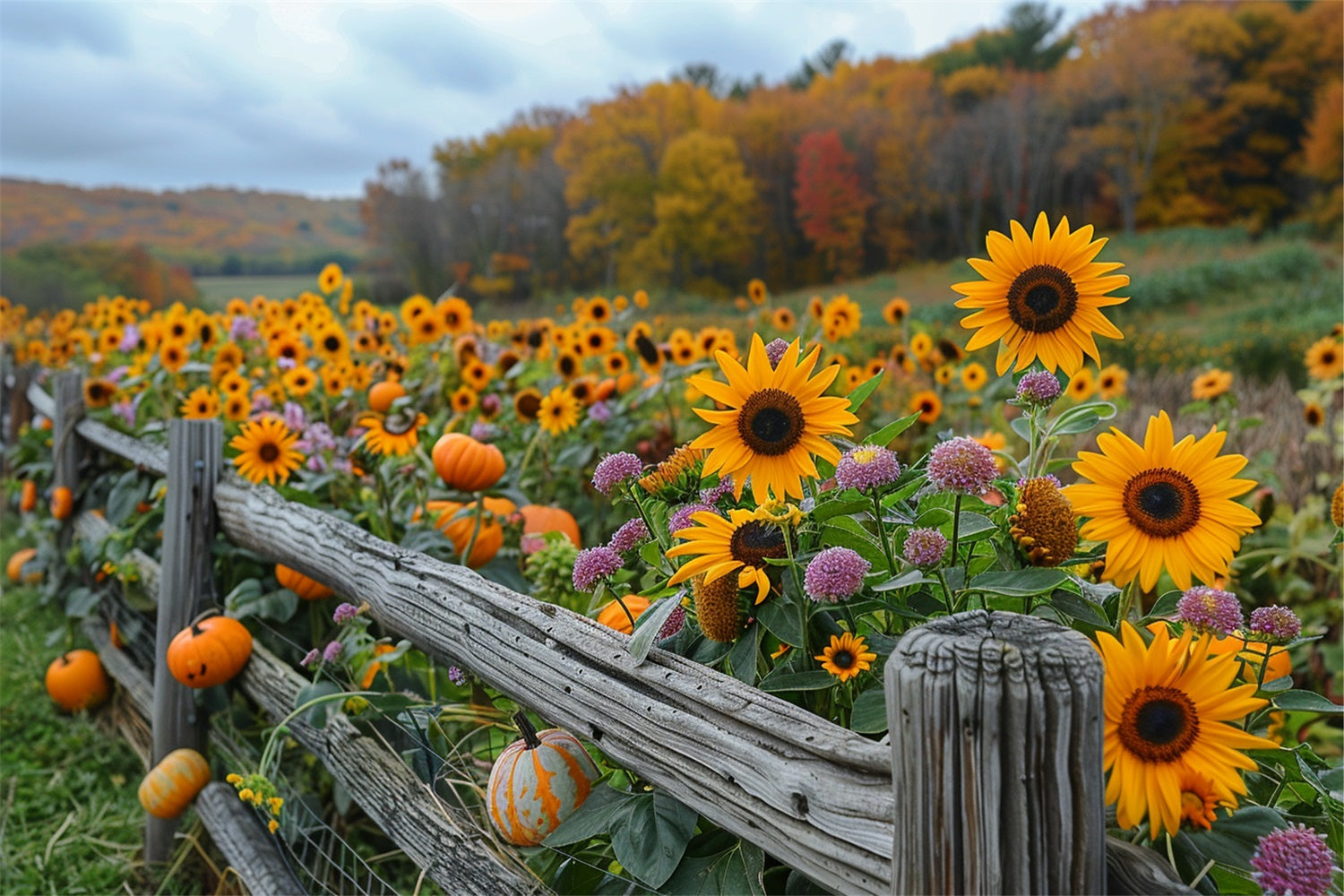 Rustic Fall Backdrop Fall Sunflowers Pumpkins Rustic Wooden Fence Backdrop BRP9-185