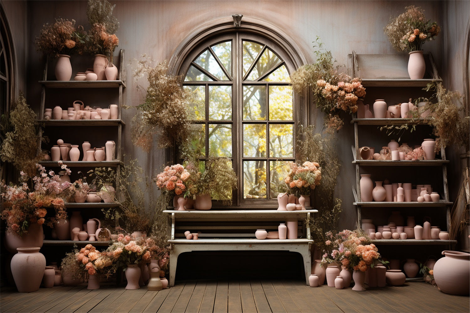 Pottery Collection Window Display Fall Pink Pottery Floral Window Display Backdrop BRP9-194