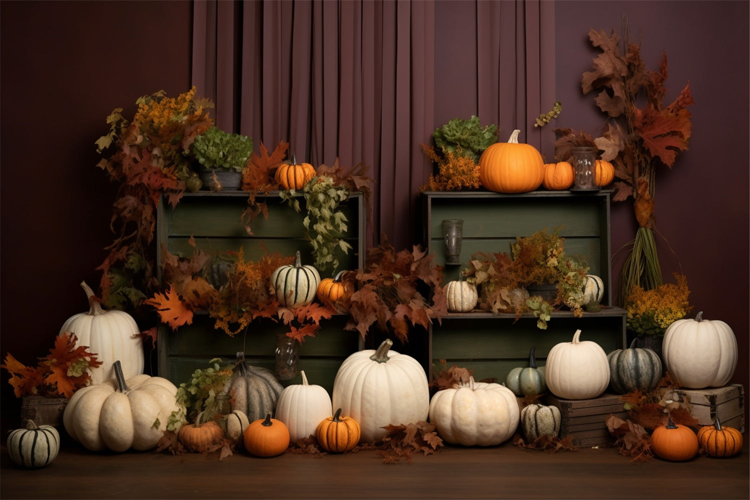 Fall Retro Backdrop Cozy Fall Display Pumpkins Leaves Backdrop BRP9-201