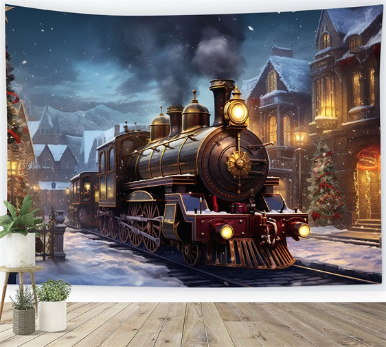 Winter Snow Covered Town Train Photography Backdrop BRP9-252