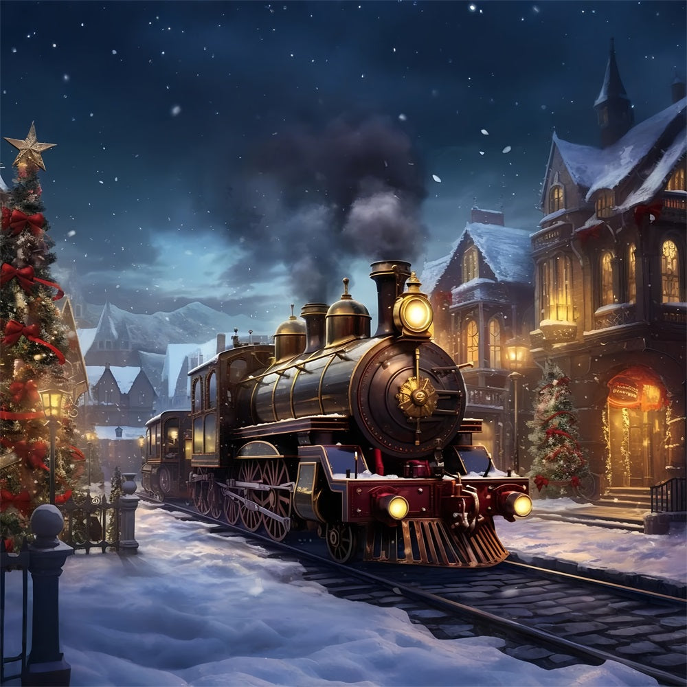 Winter Snow Covered Town Train Photography Backdrop BRP9-252