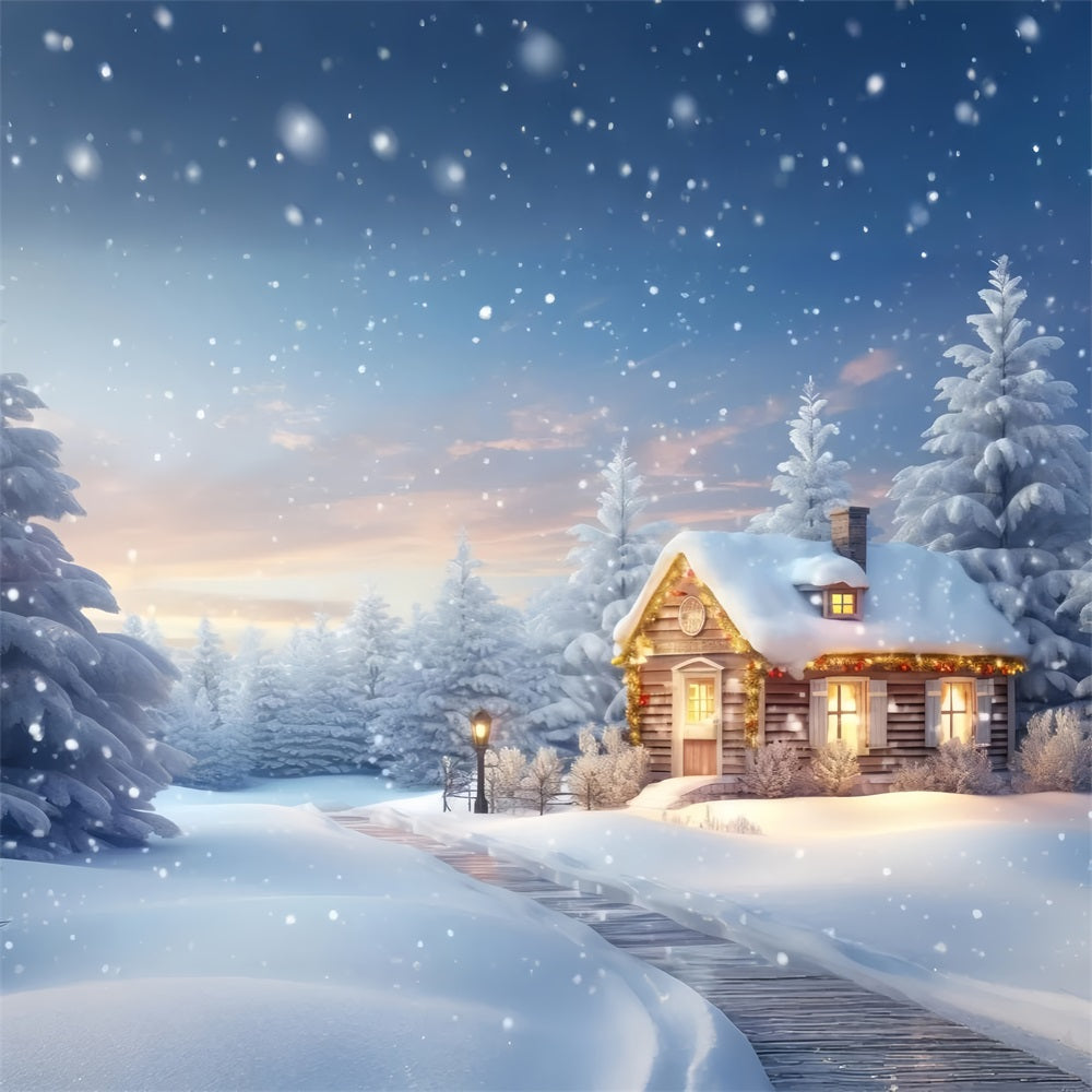 Warm Glowing Cabin Amid Snowy Pines Backdrop BRP9-274