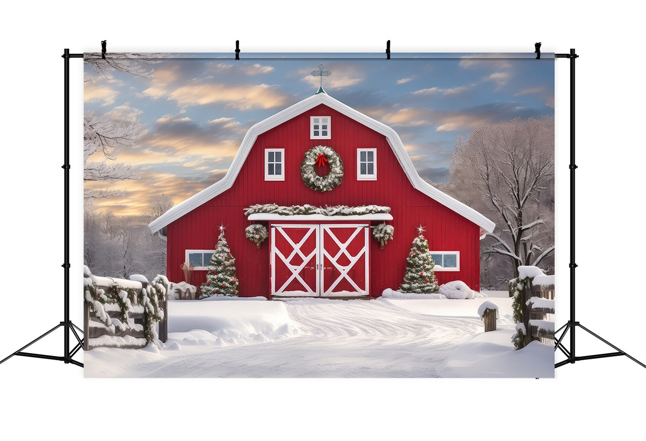 Winter Forest Red Barn Snow Covered Trees Backdrop BRP9-289