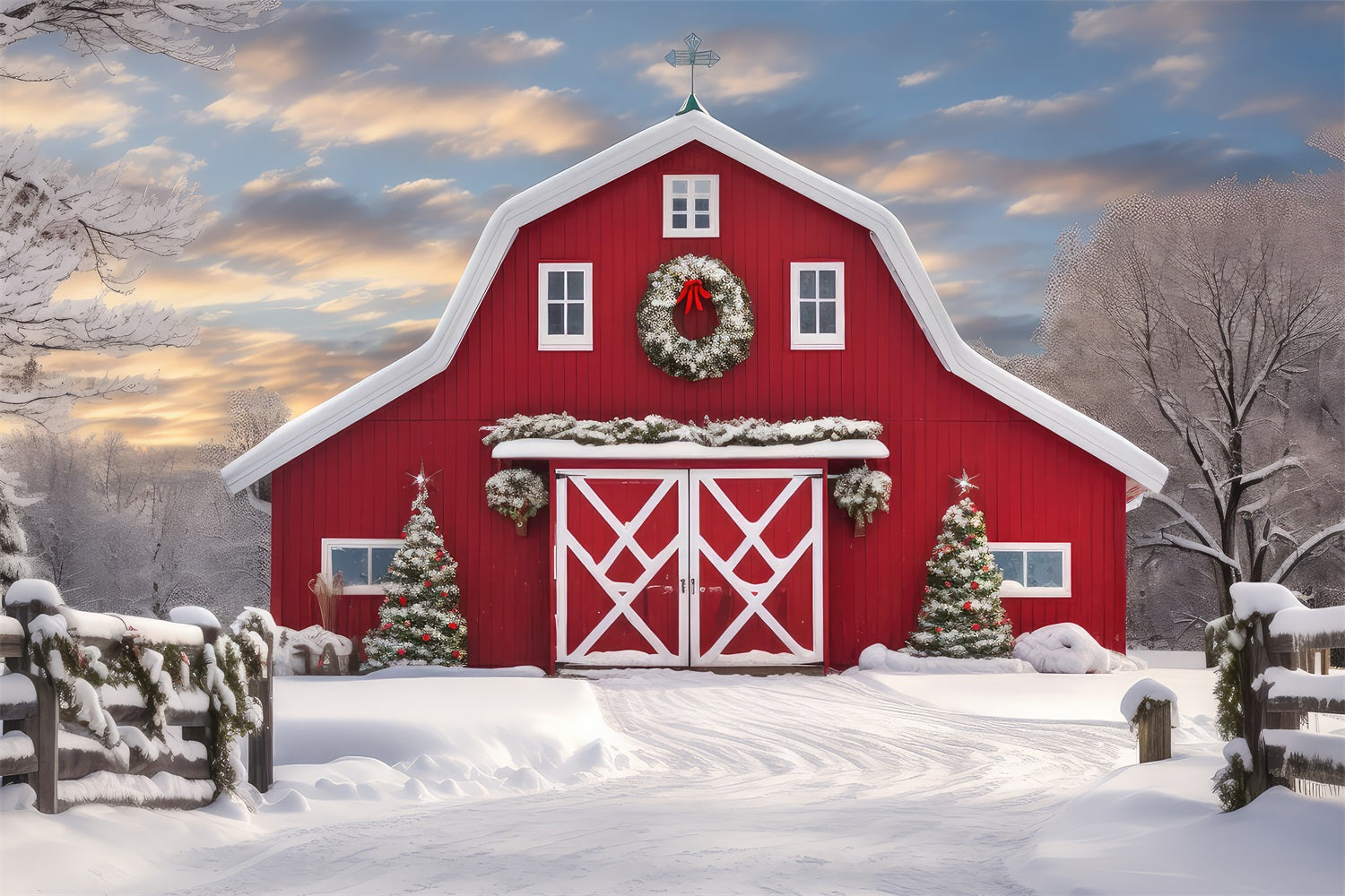 Winter Forest Red Barn Snow Covered Trees Backdrop BRP9-289