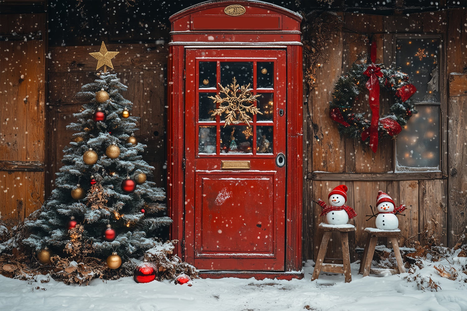 Classic Christmas Red Door Snowman Scene Backdrop BRP9-33