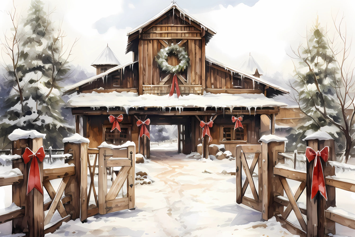 Winter Barnyard Wreath Snow Covered Path Backdrop BRP9-336