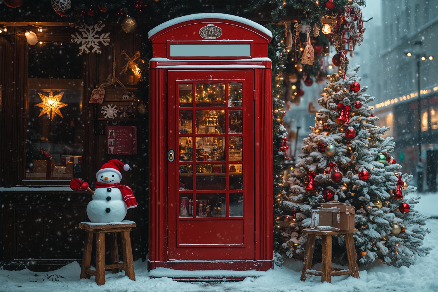 Snowy Christmas Market Red Door Backdrop BRP9-35