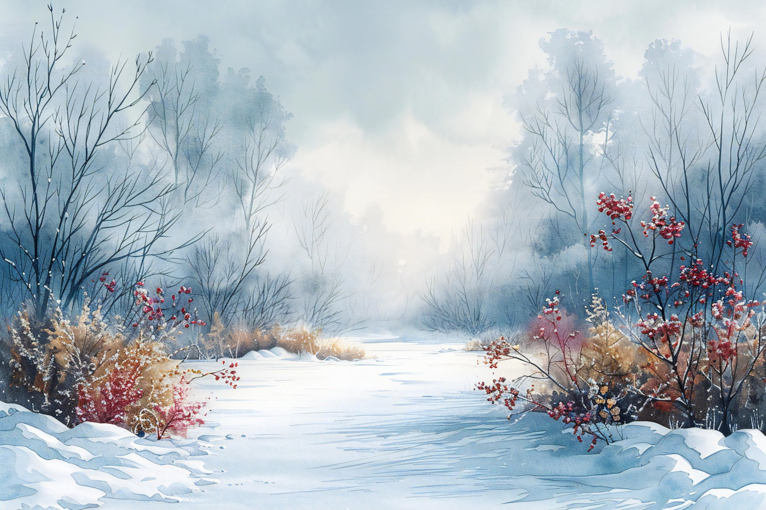 Frosted Berry Bushes Winter Wonderland Backdrop BRP9-357