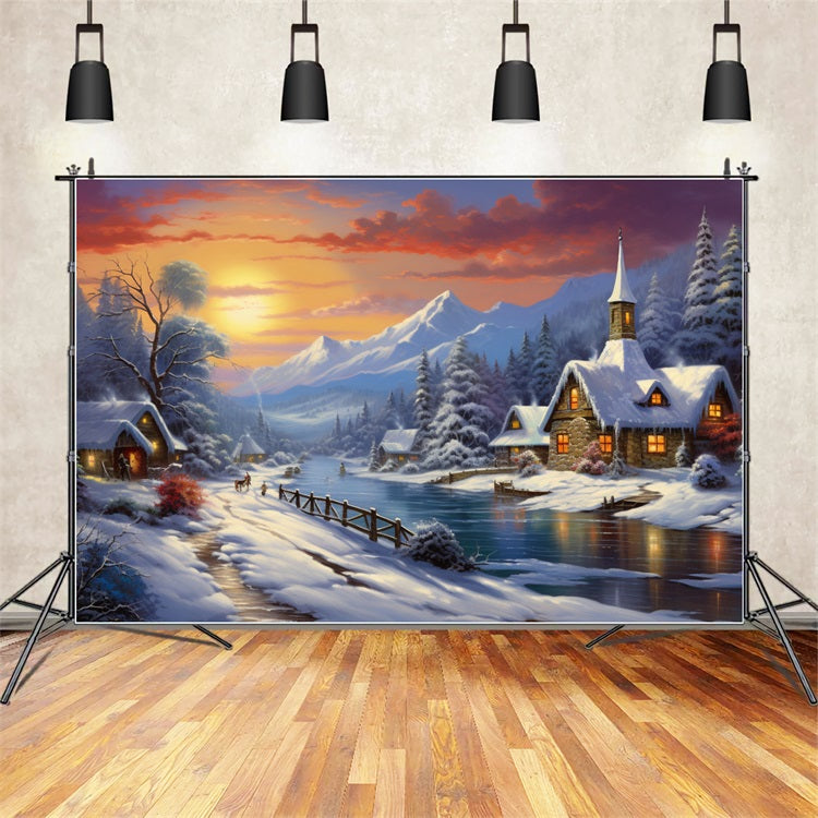 Winter Sunset Over Snowy Mountain Village Backdrop BRP9-362