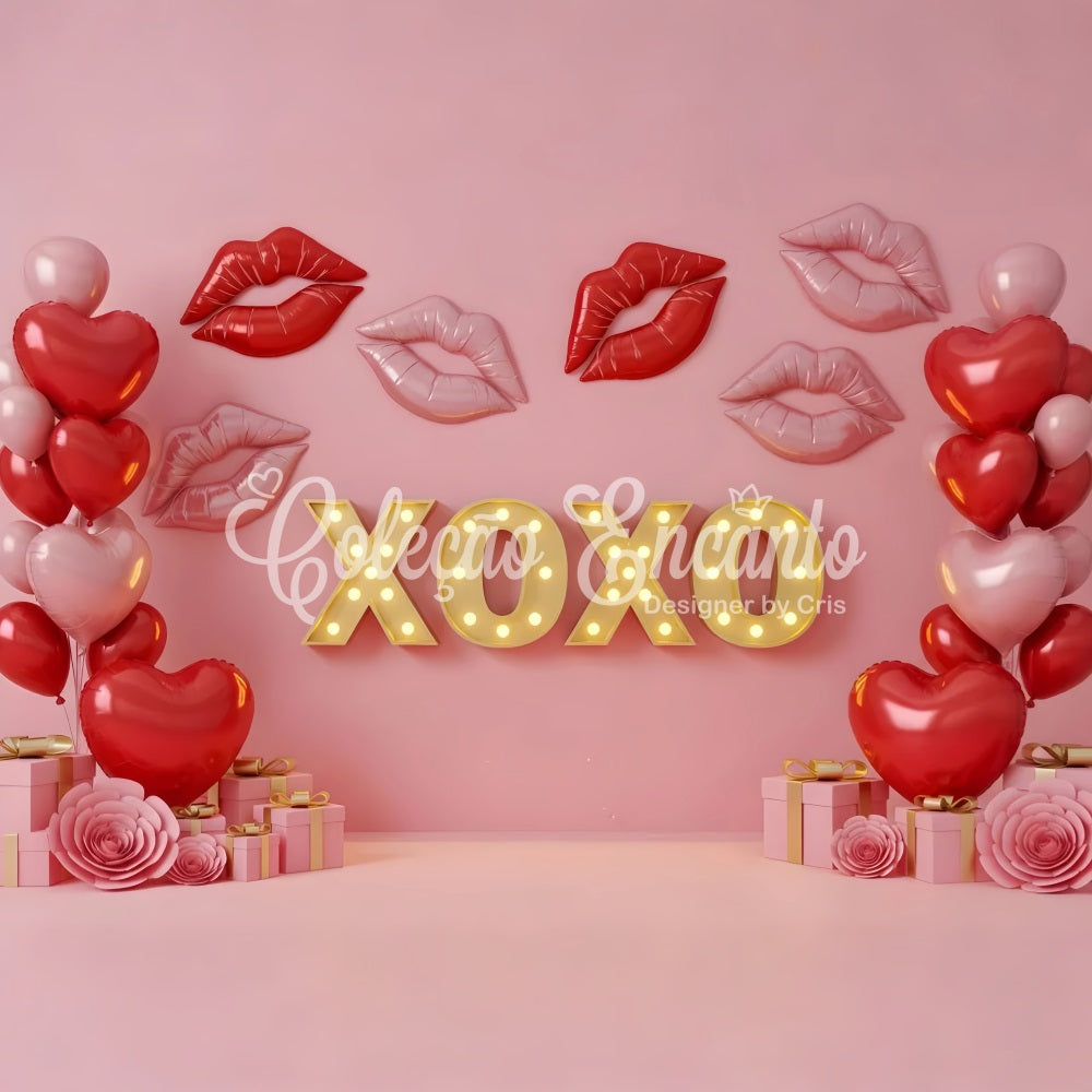 Valentine's Day Backdrop Kissing Lips Neon XOXO Pink Valentine Backdrop By Magali