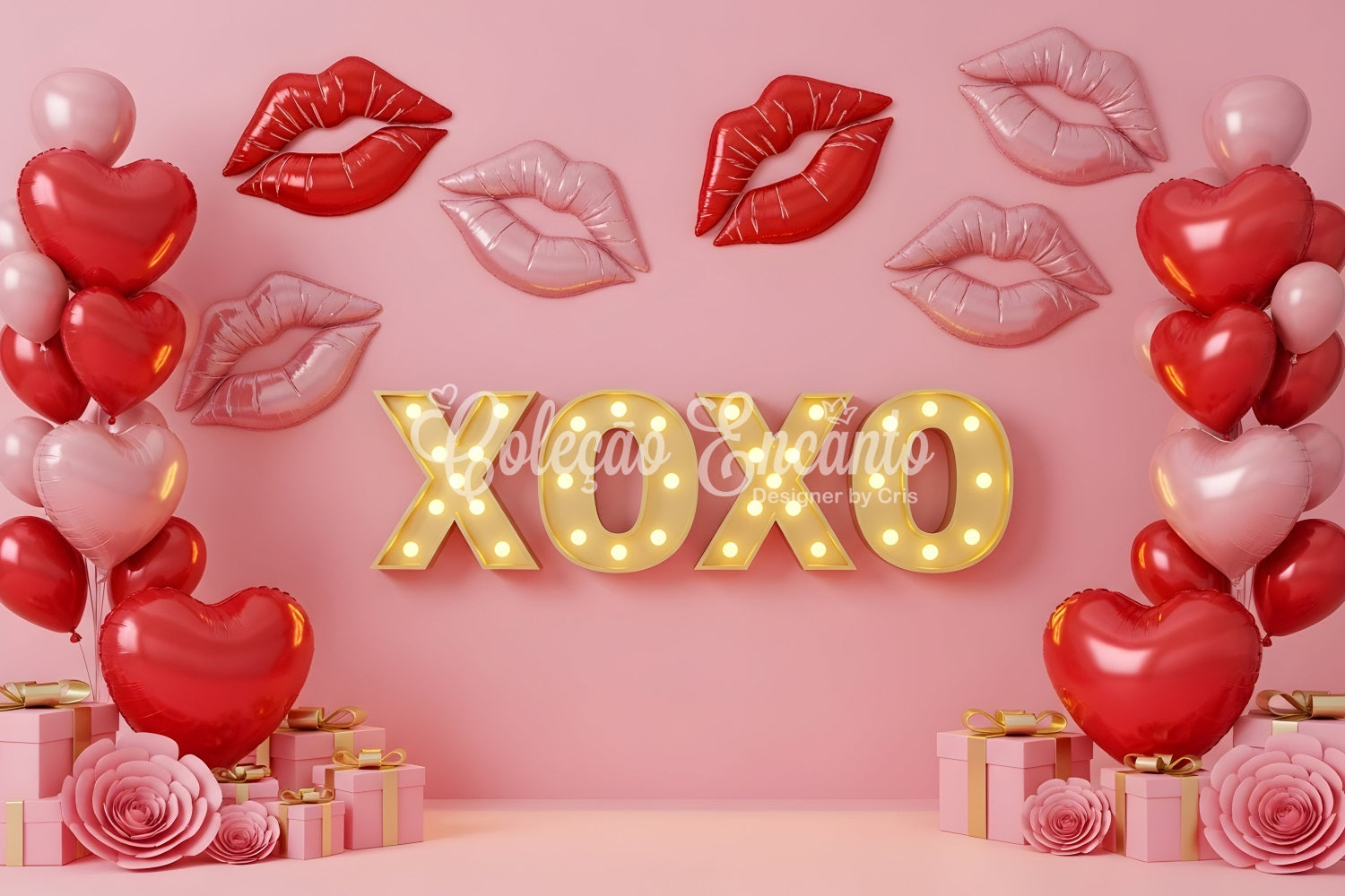 Valentine's Day Backdrop Kissing Lips Neon XOXO Pink Valentine Backdrop By Magali