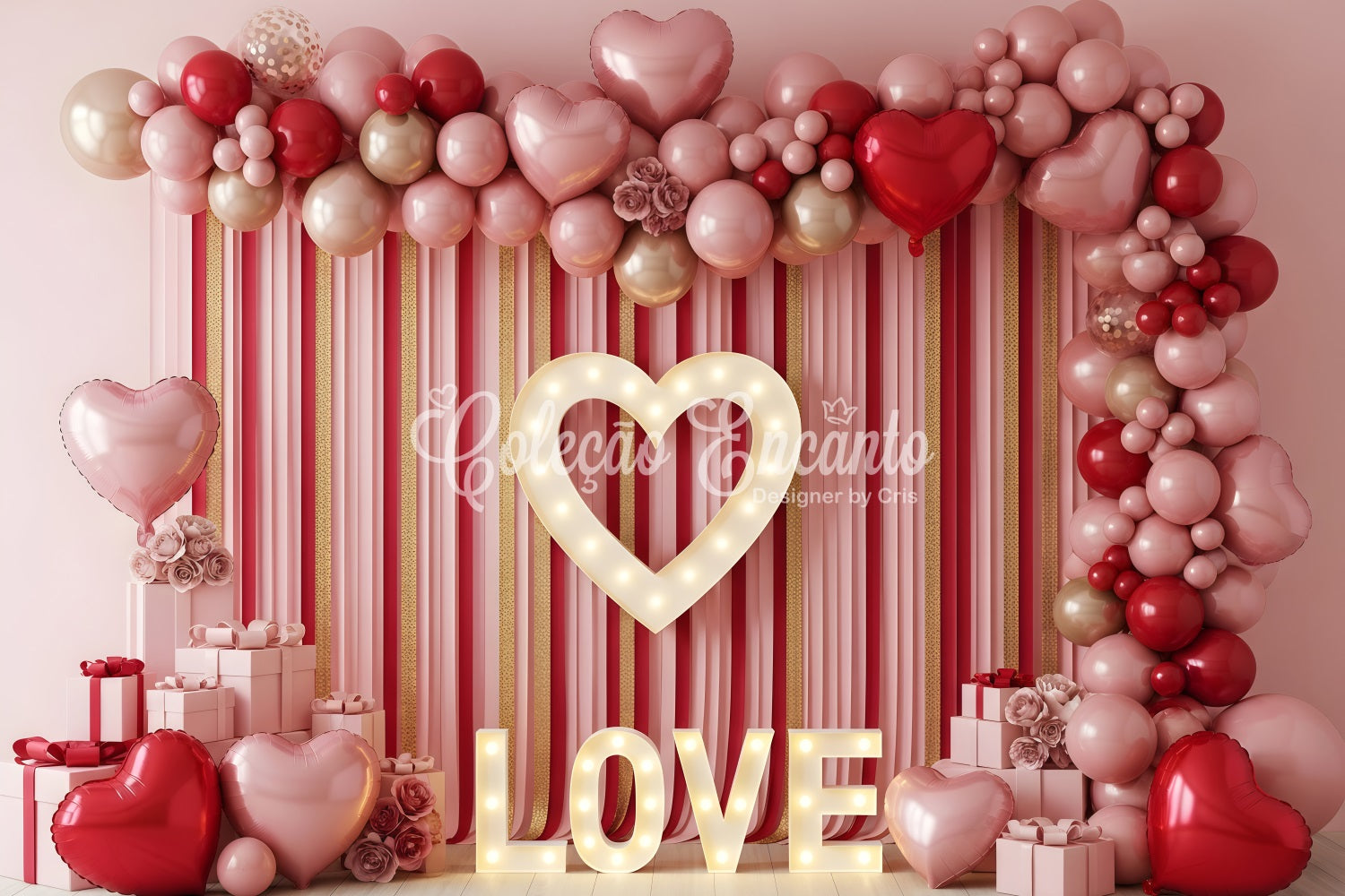 Valentines Day Backdrop Striped Balloon Heart Love Valentines Backdrop By Magali